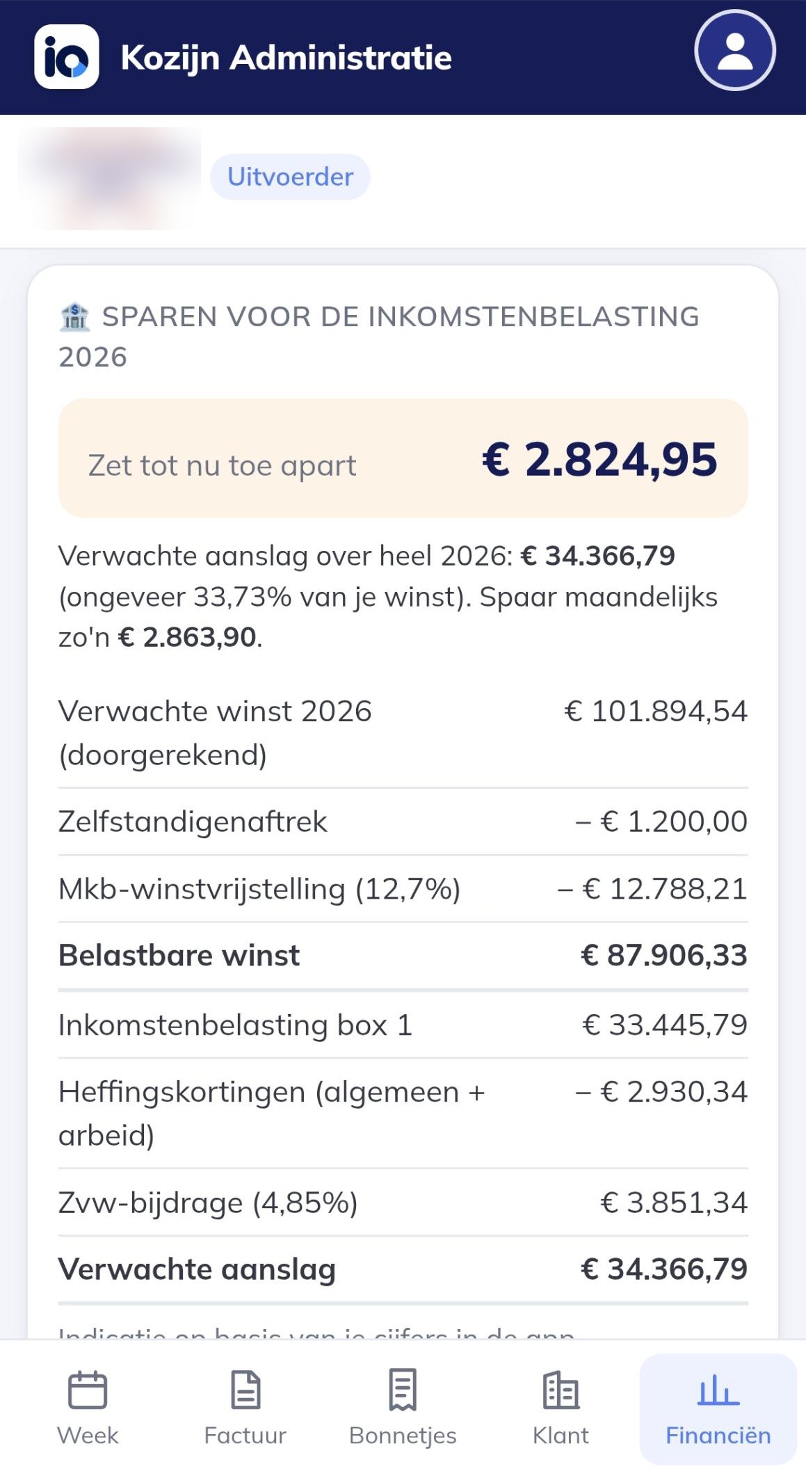 Berekening van de verwachte aanslag inkomstenbelasting en het bedrag om maandelijks te sparen