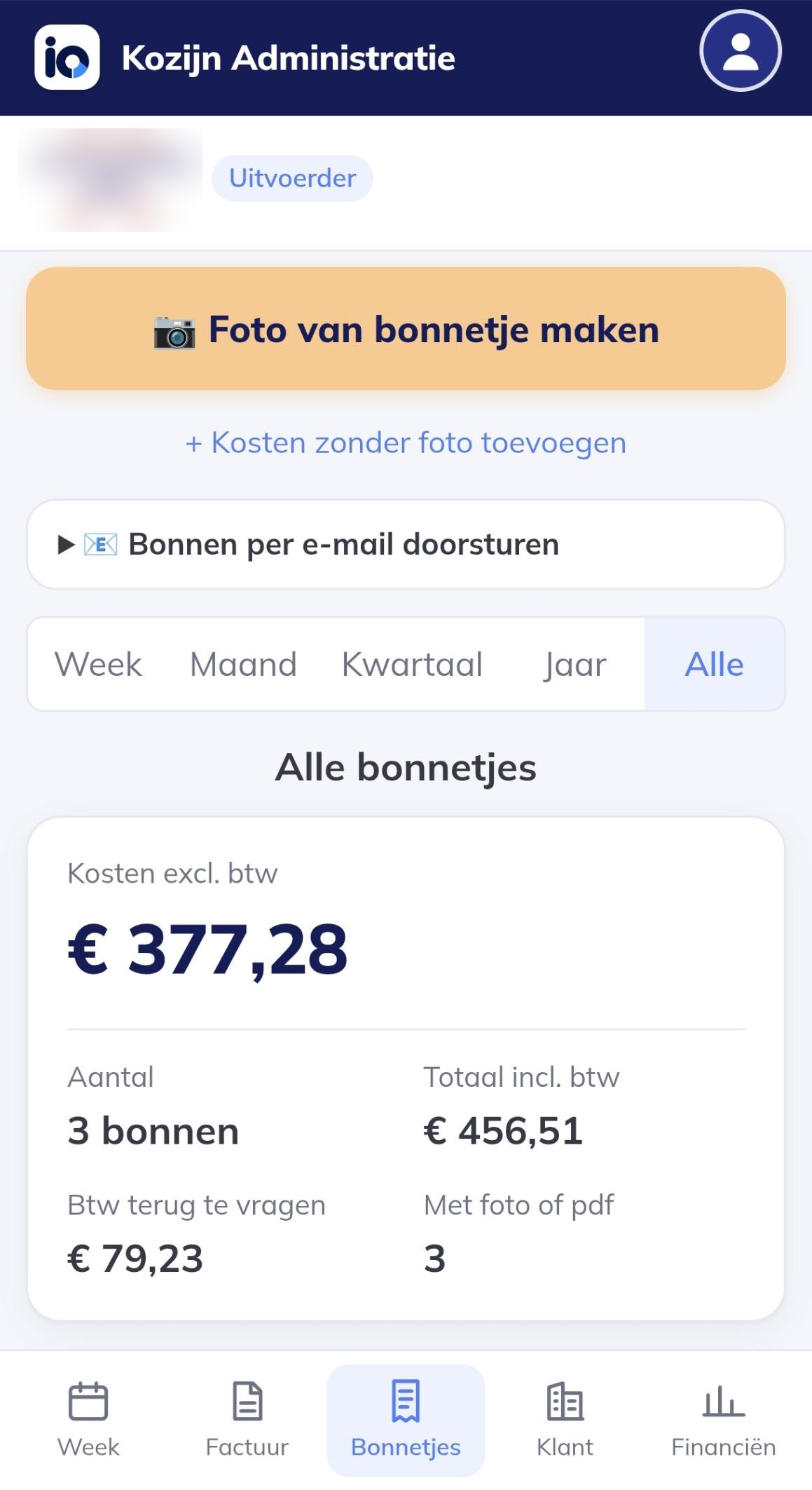 Bonnetjes-scherm met foto van bonnetje maken en het kostenoverzicht