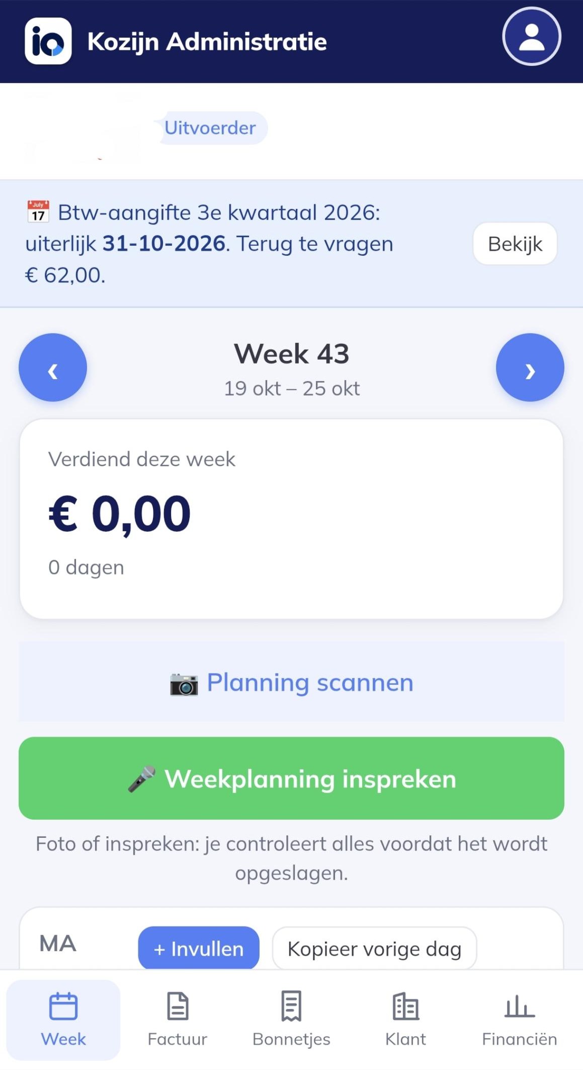Weekoverzicht met de knoppen planning scannen en weekplanning inspreken